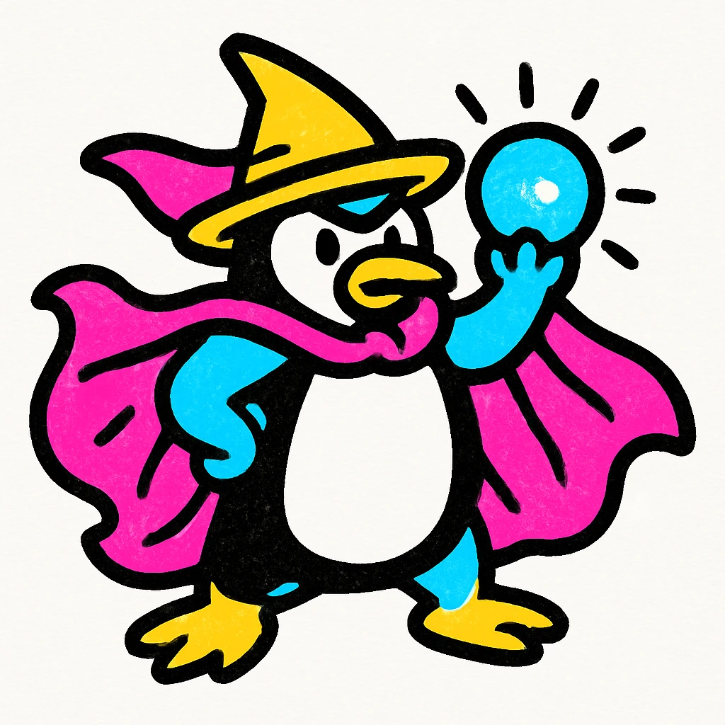 a heroic penguin wizard with a flowing cape, holding a glowing orb, in a bold and colorful style emoji