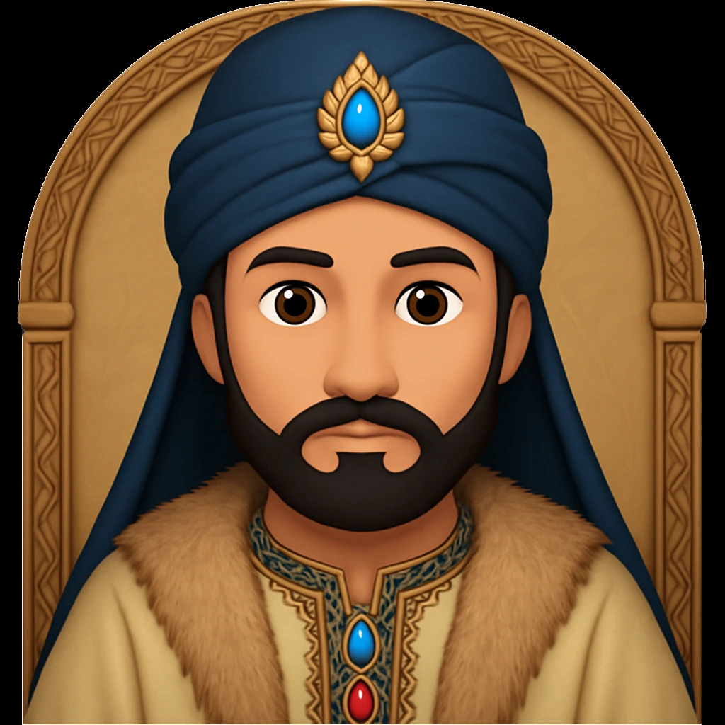 Edit the traditional Seljuk pointed hat (börk) to a different color while keeping all other features the same: wheat-toned complexion, almond-shaped brown eyes, thick arched eyebrows, dark hair, neatly trimmed short beard, serious expression, ornamental details on the hat, fur-lined kaftan collar, charismatic and authoritative. The style should resemble an apple style emoji. emoji