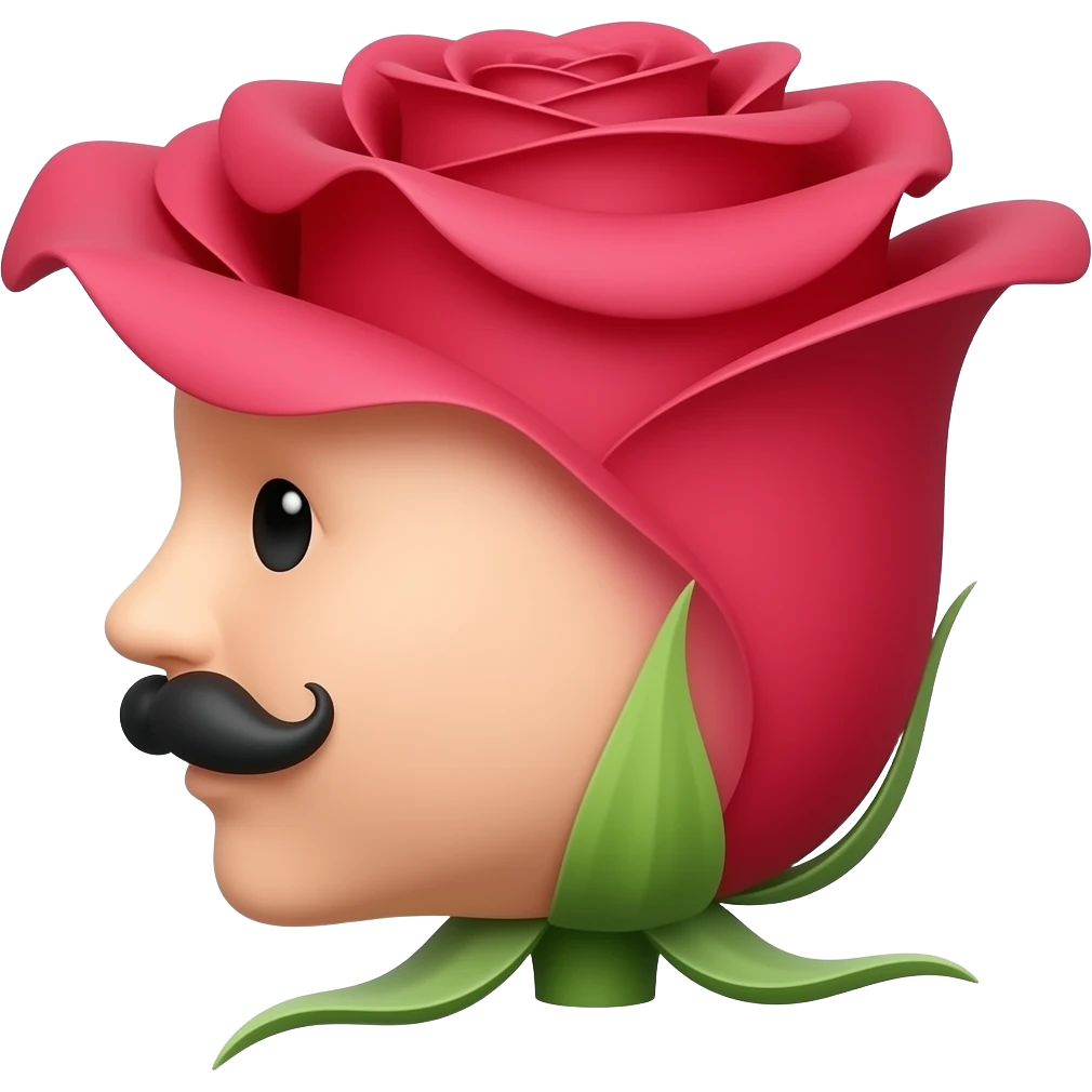 side profile of singular rose with a face that has a french moustache emoji