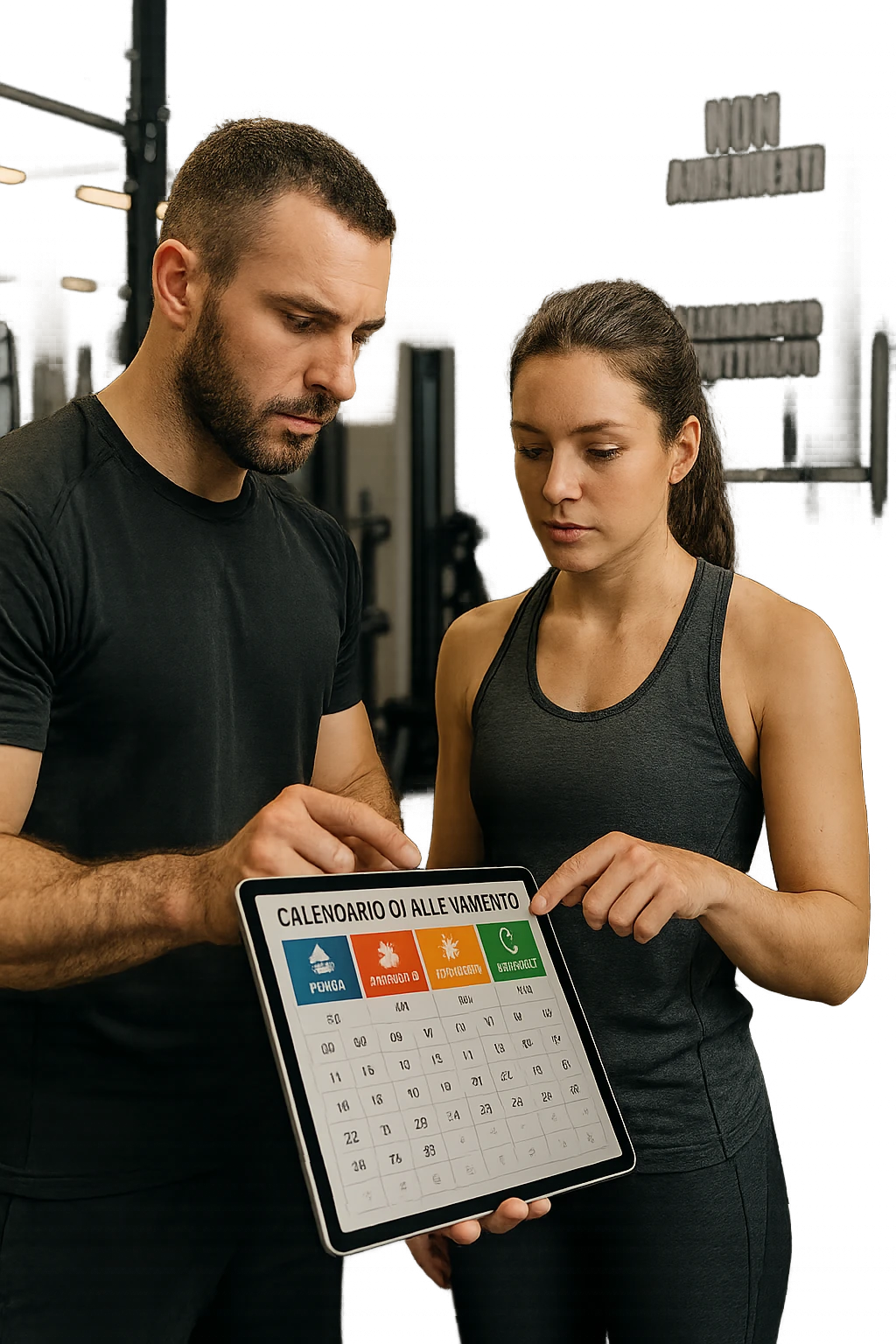 realistic cinematic photo a personal trainer and a client stand in a modern gym, reviewing a large, color-coded training calendar or chart on a tablet. The calendar shows different phases (strength, hypertrophy, endurance, recovery) with icons and dates. Around them, gym equipment and motivational posters reinforce the idea of structured, periodized training. in italiano emoji