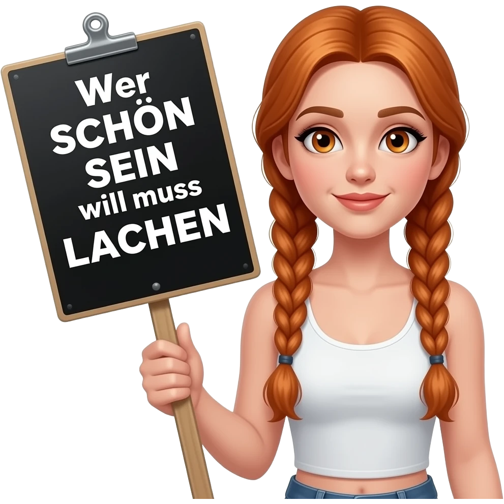 sexy girl with long ginger braids and ginger eyes wearing a white tanktop is holding a big black sign with Wer SCHÖN SEIN will muss LACHEN written on it emoji