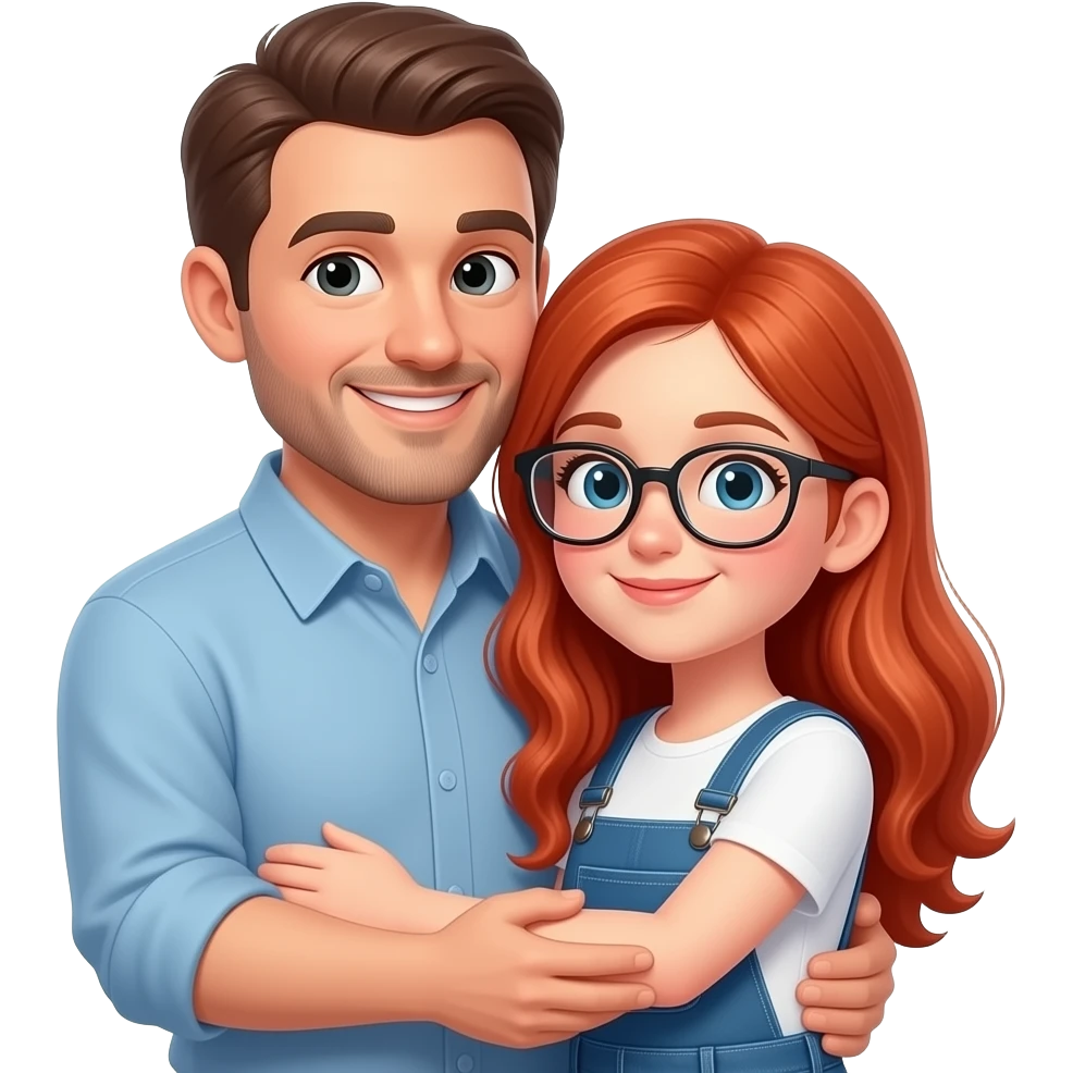 a dad and 13 year old girl hugging girl has long red hair and clear glasses emoji