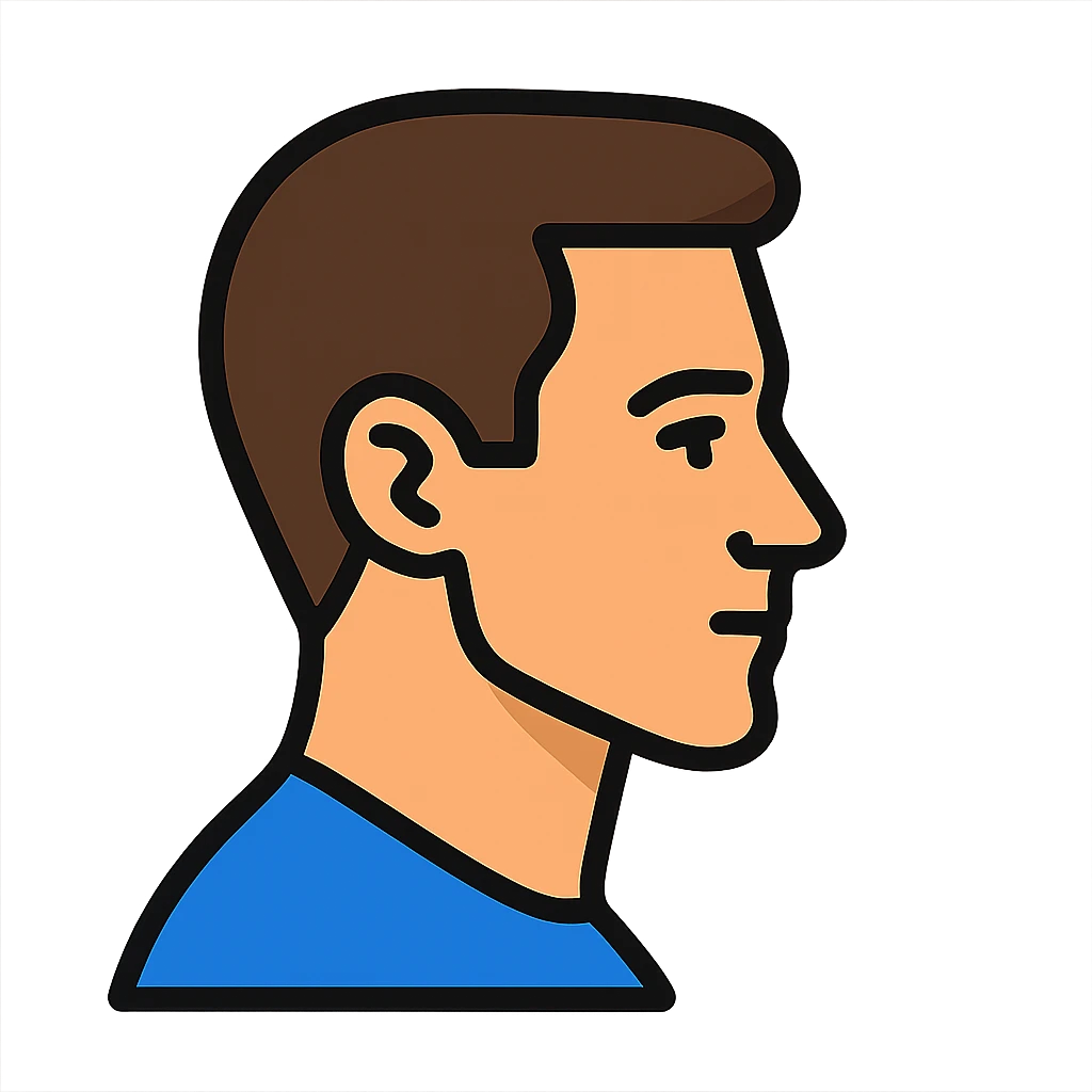 Show the same handsome white man in side profile with a neutral expression, clean and well-groomed, with a simple background. emoji