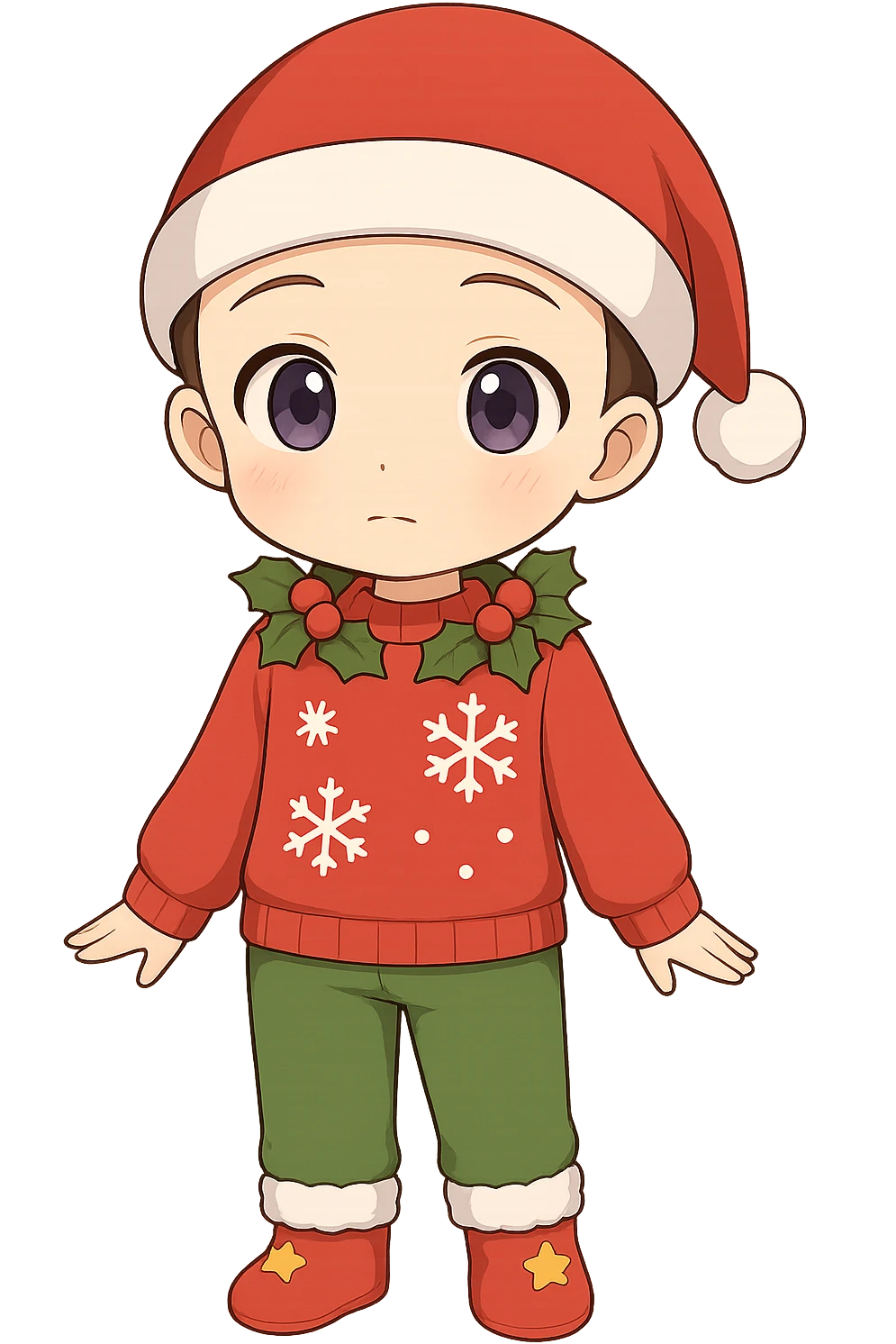 Add Christmas-themed outfit to the chibi character: a red hat with white stripe, red sweater with snowflakes, green pants or skirt, and festive accessories, maintaining the chibi style and transparent background. emoji