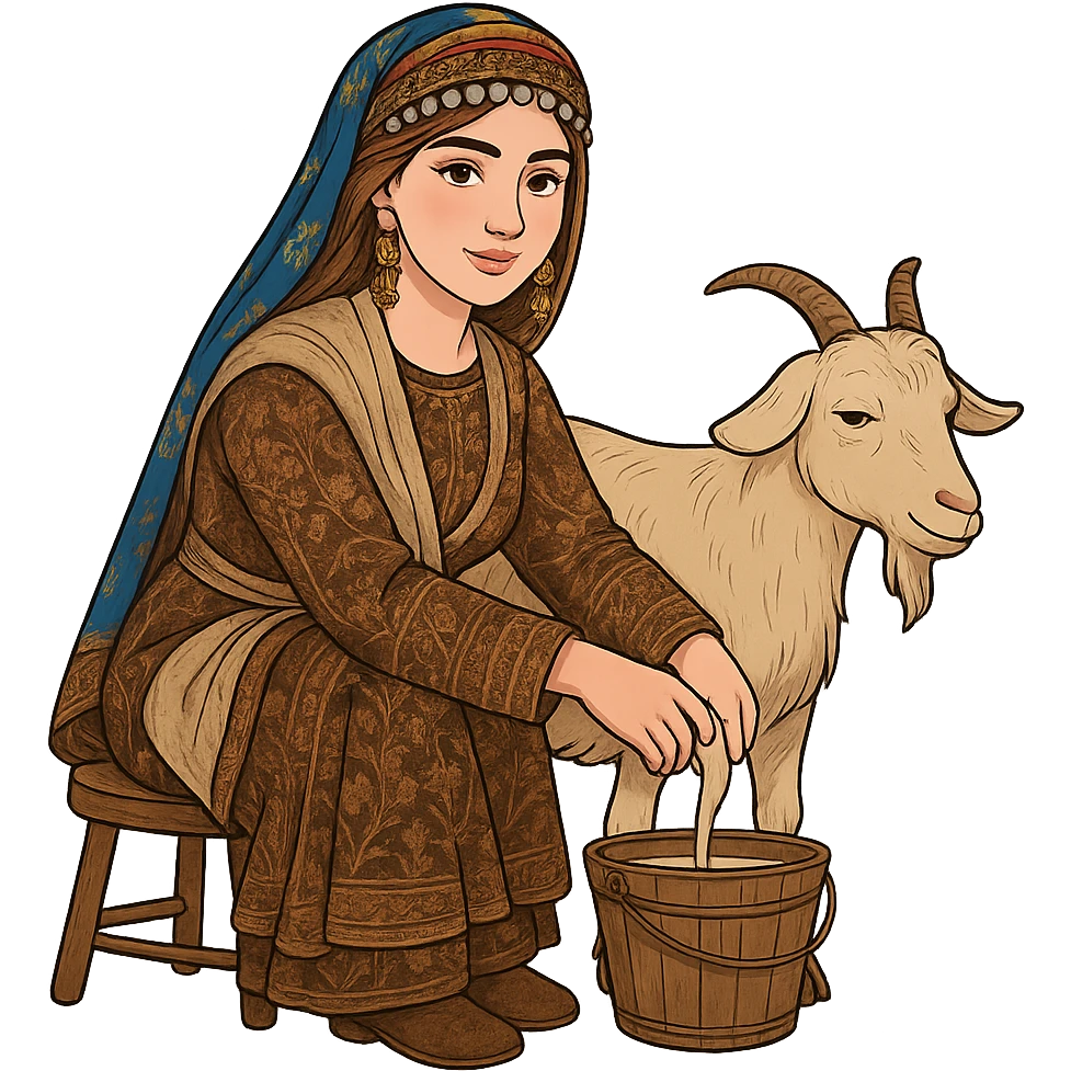 Create a Kurdish cartoon sticker featuring the same woman in a new Kurdish dress milking a goat. The goat is either sitting or standing with its udder clearly visible between the two back legs. The woman is sitting on a stool with her hand on the udder and a bucket underneath. The style should be clear and realistic cartoon, no text, transparent background. emoji