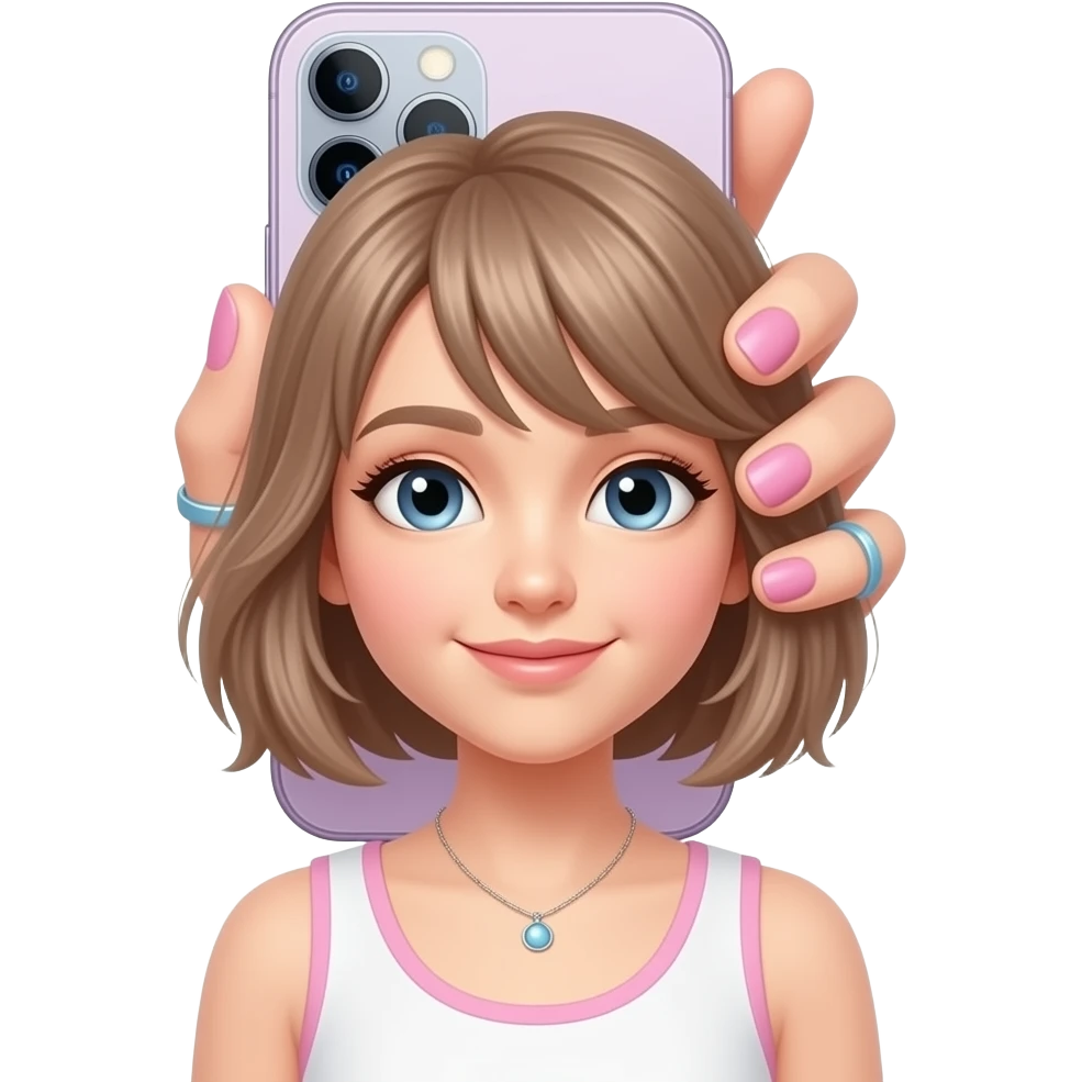 holding iphone with screen upwards: cute thin girl hand with pastel and pink modern nails, rings, and accessories. emoji