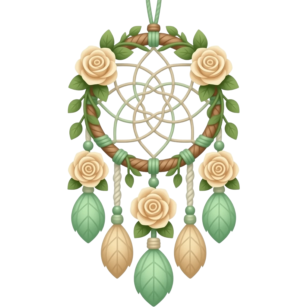Hippie-like Cute dainty neat Pastel Green-white-brownish-beige-gradients thread-rope-hanging dreamcatcher, pastel colors, whitish, light, green academia aesthetic, mossy, with green vines and beige roses, Cottagecore, Princesscore, shiny glistening, vintage, tassels emoji