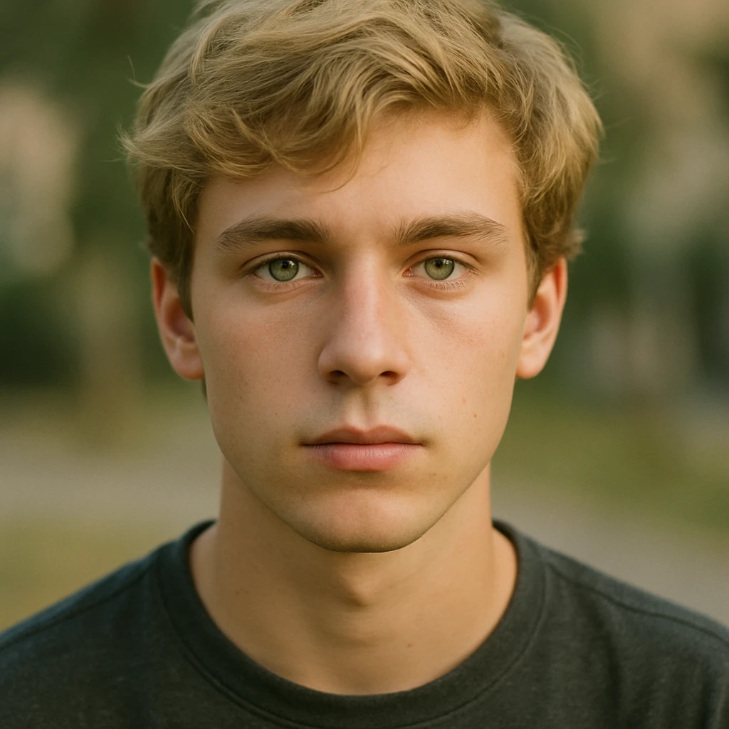 retrato realista de un chico joven, pelo rubio, ojos verdes, fondo desenfocado emoji