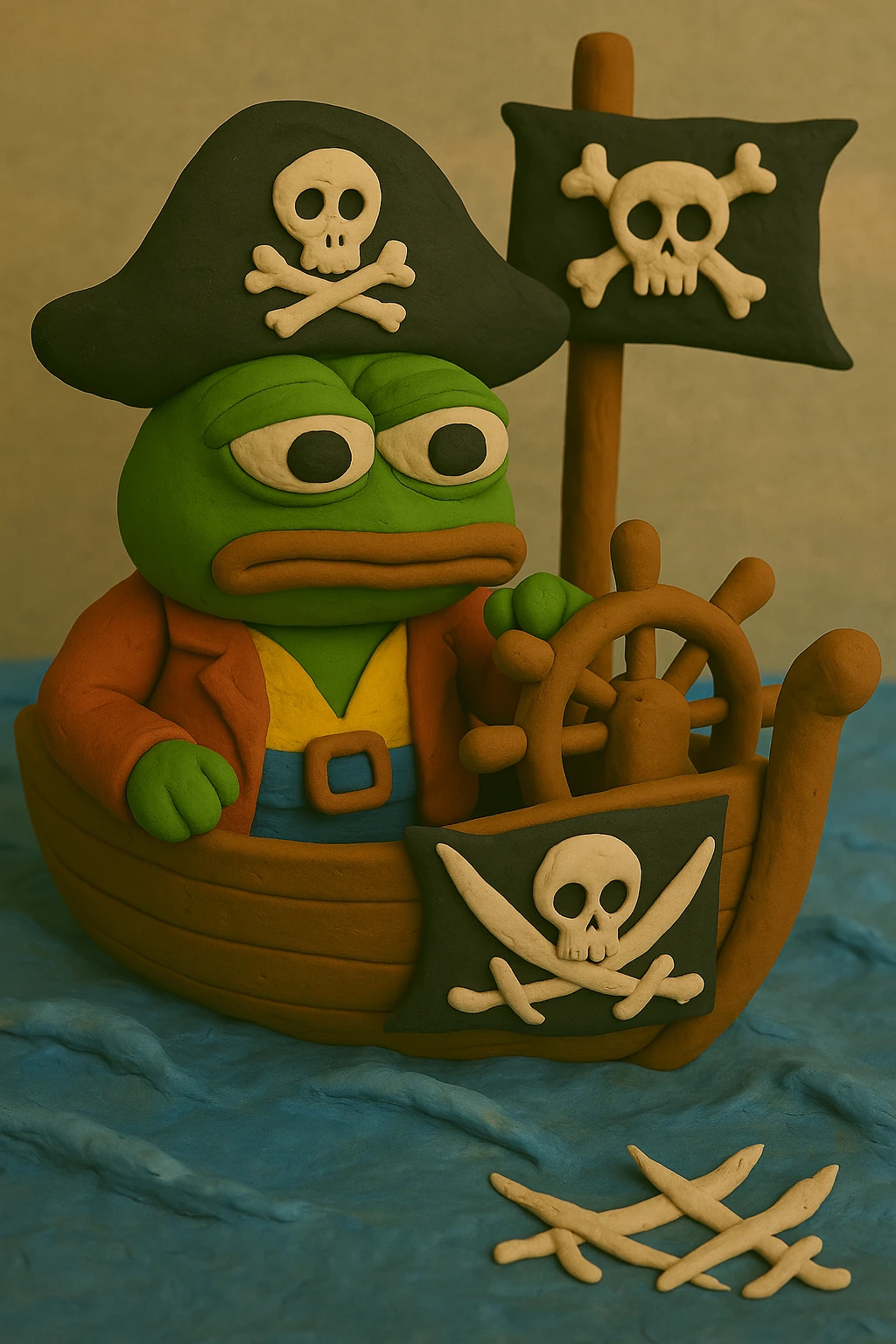 Ensure the exact skull and crossbones is clearly visible on both the pirate flag and the pirate hat in the claymation style image of Pepe the Frog as a pirate on a ship in the ocean. emoji