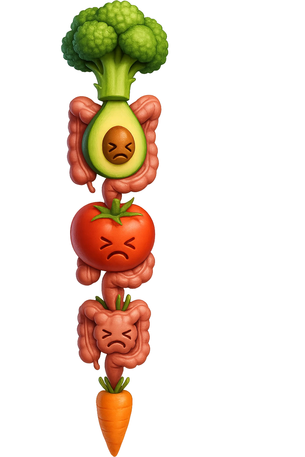 cibo sano fluttua in aria verticalmente stringendo piccoli colon umani, stile emoji iphone, iperrealistico 4k emoji