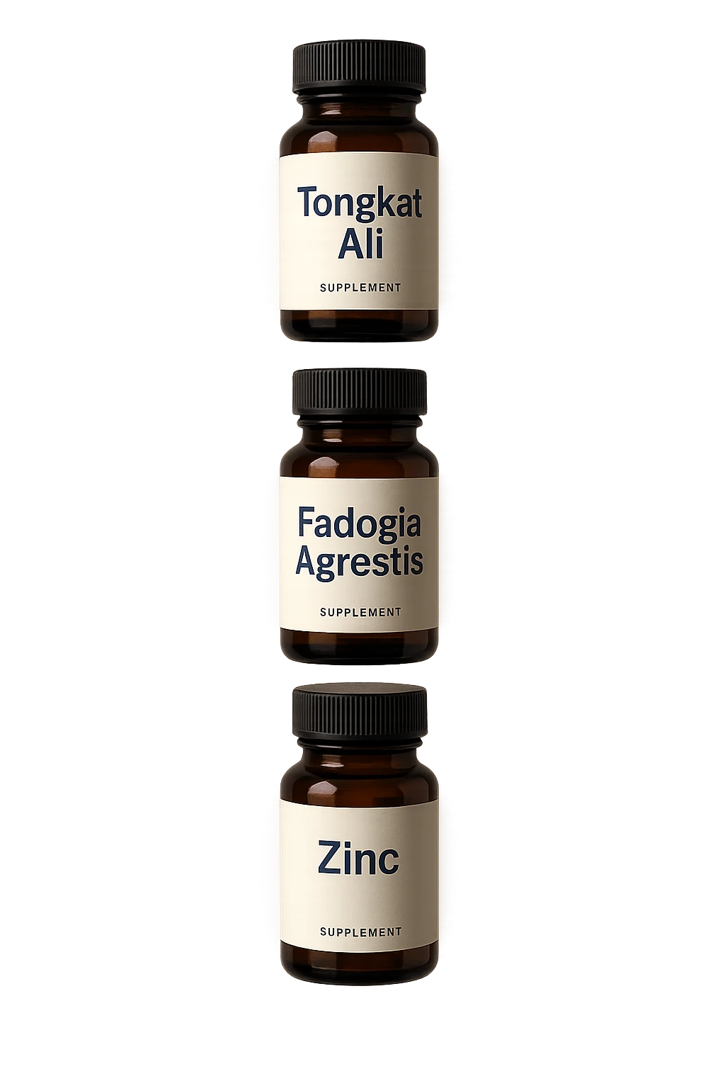 4 boccette di integratore: Tongkat Ali, Fadogia Agrestis, Boron e Zinco fluttuano in aria verticalmente emoji