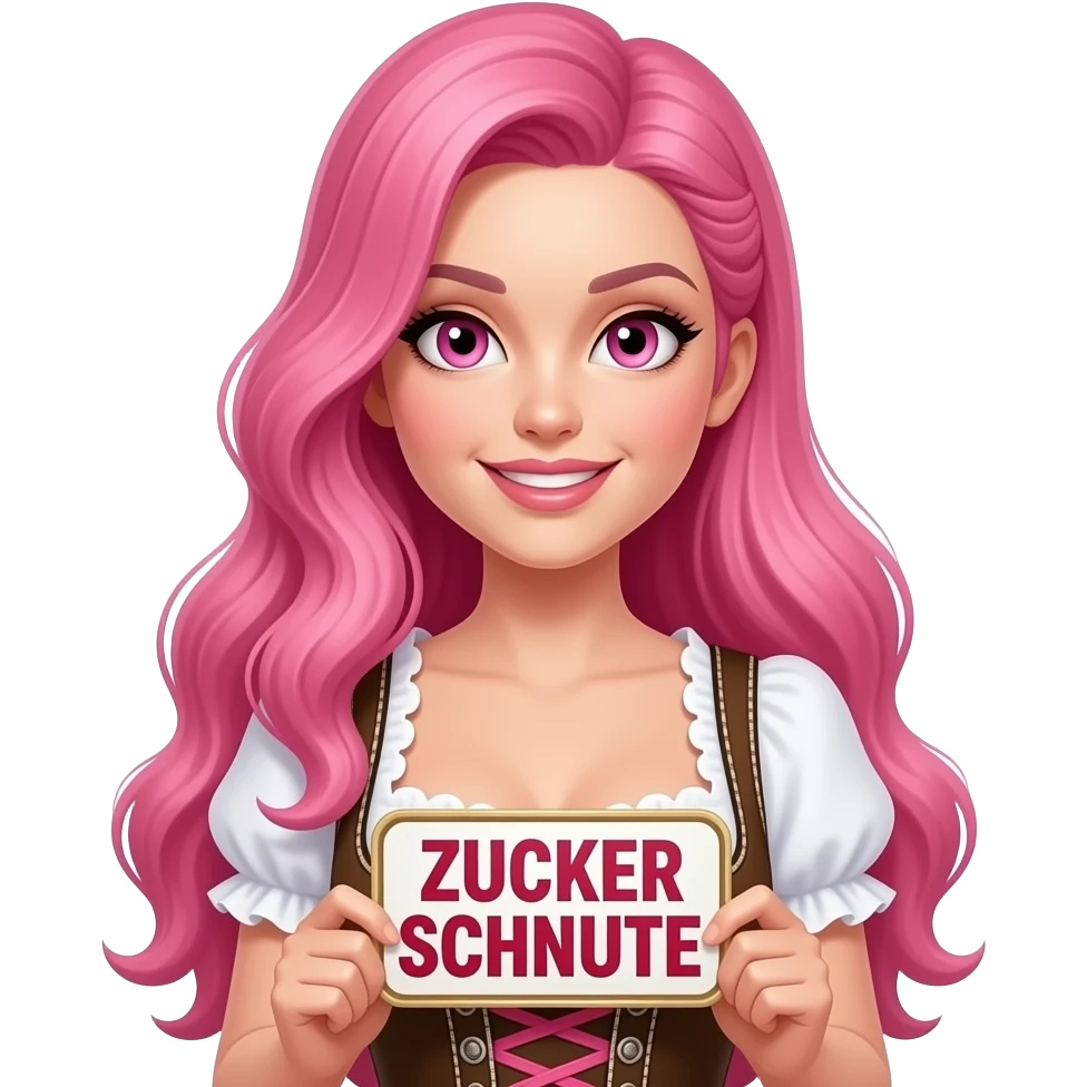 sexy girl with long pink hair and pink eyes wearing a dirndl holding a ZUCKER SCHNUTE sign emoji