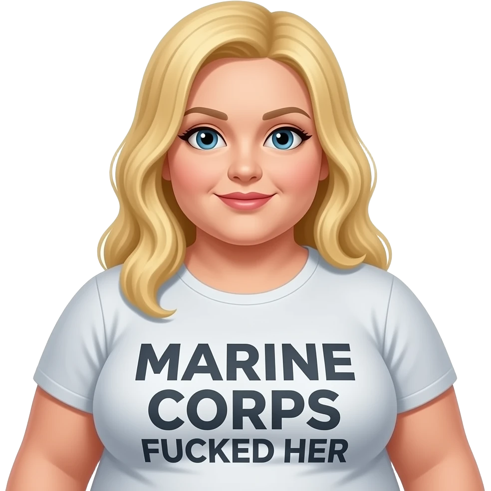 A fat blonde wearing a shirt saying the Marine Corps fucked her emoji
