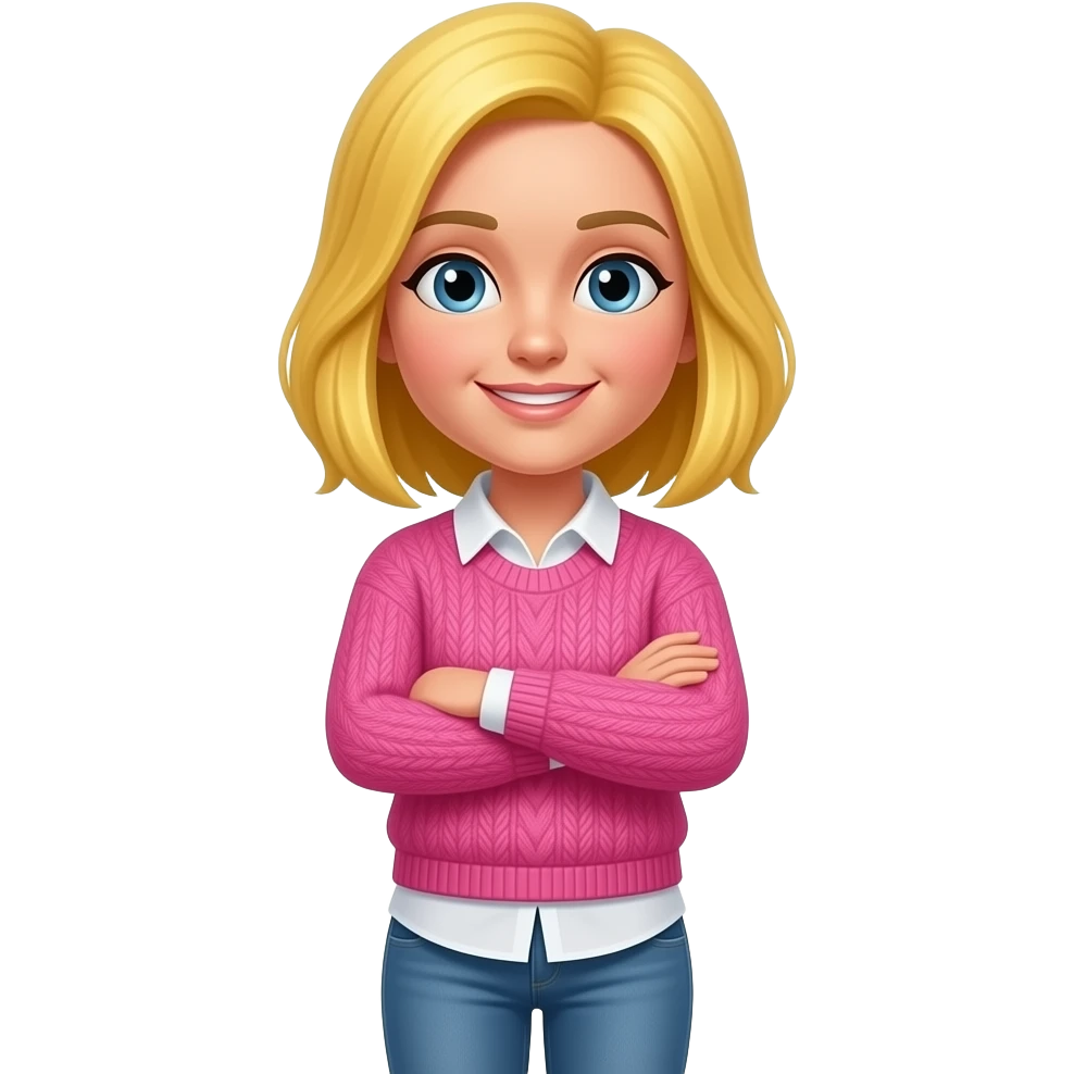 For me, a white-skinned woman is standing tall wearing a white shirt and pink sweater, jeans and yellow hair. emoji