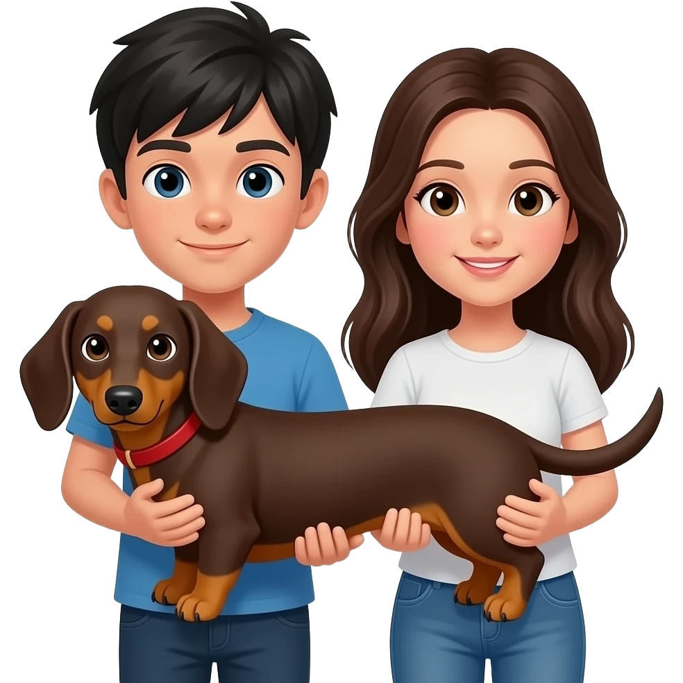 Quiero un perrito salchicha marrón con algún tono más claro en las paticas y alrededor de los ojitos y que una pareja lo tenga en brazos un muchacho de pelo negro y una muchacha de pelo oscuro emoji