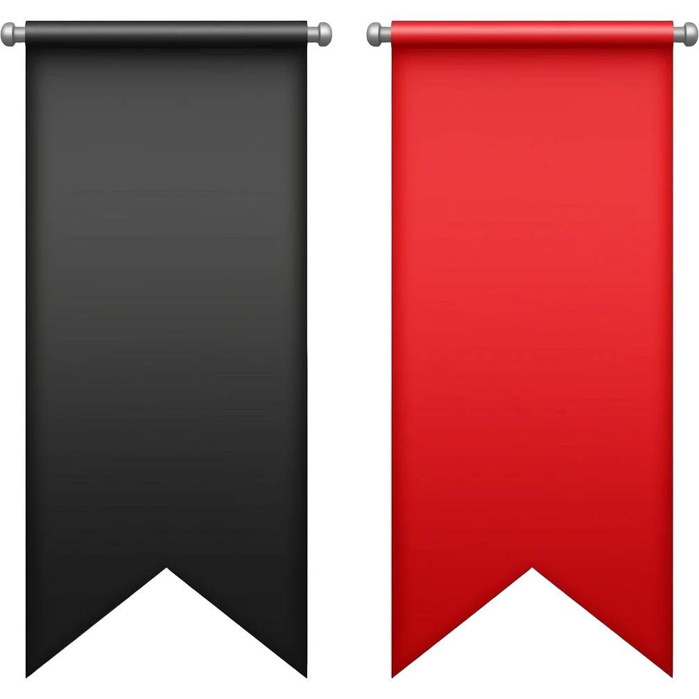 ios style emoji. two tall, rectangular flags, a black one on the front and the red one on the back. emoji
