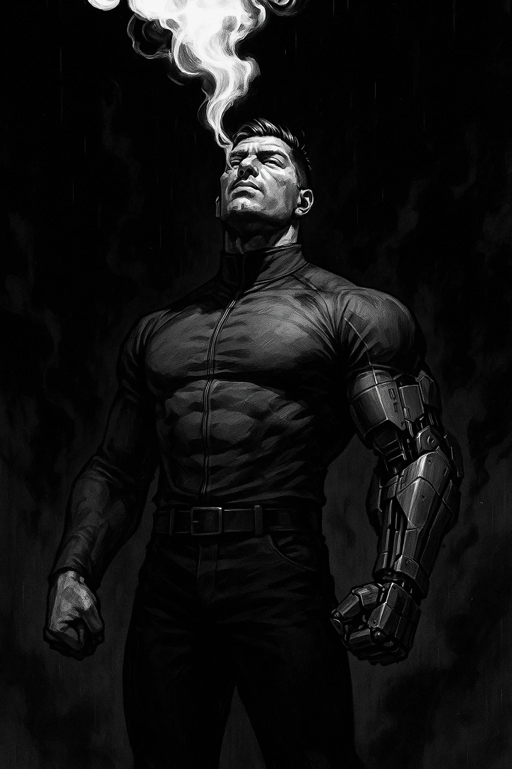 Cinematic Black and white comic book panel of an extremely muscular Italian man with cybernetic implants standing in the dark, surrounded by smoke. He is wearing a long-sleeved shirt with a high collar, and his chest is sculpted. emoji