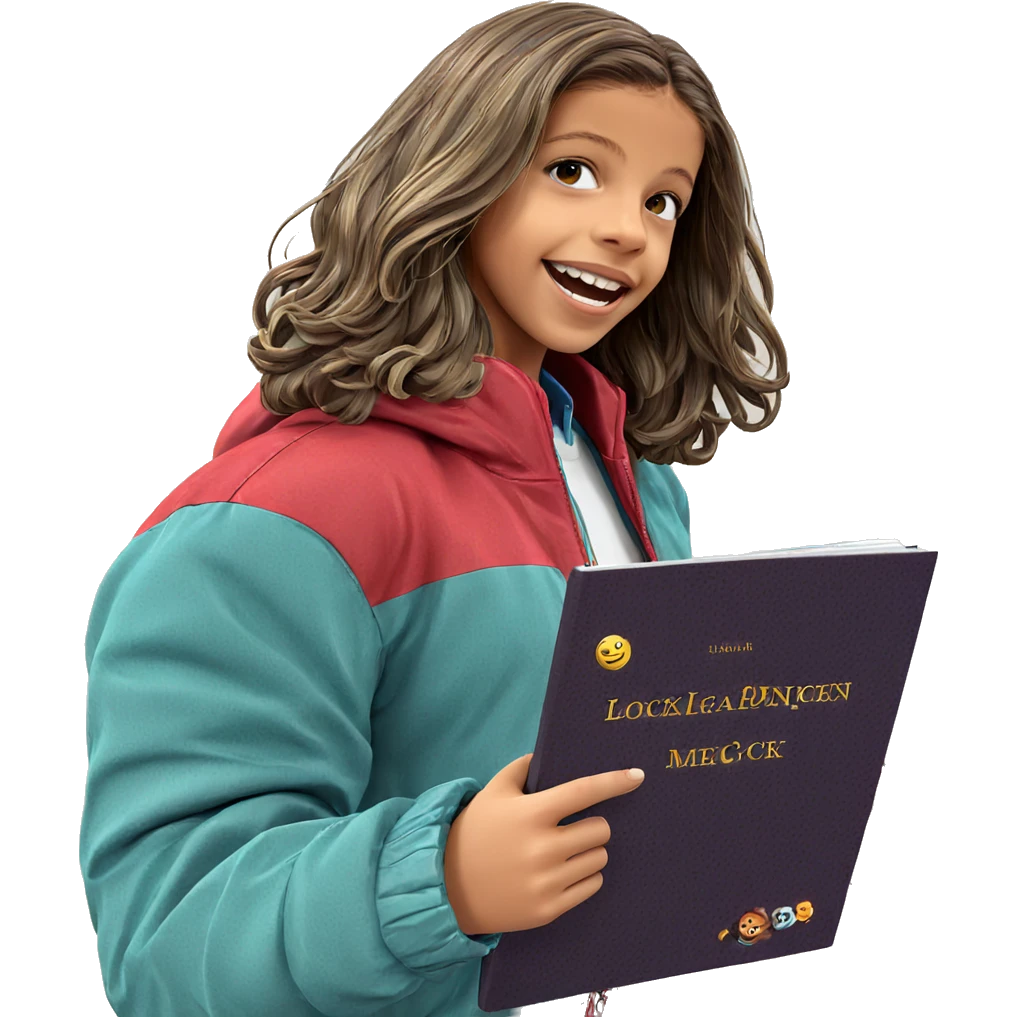 smiling girl with jacket and book emoji