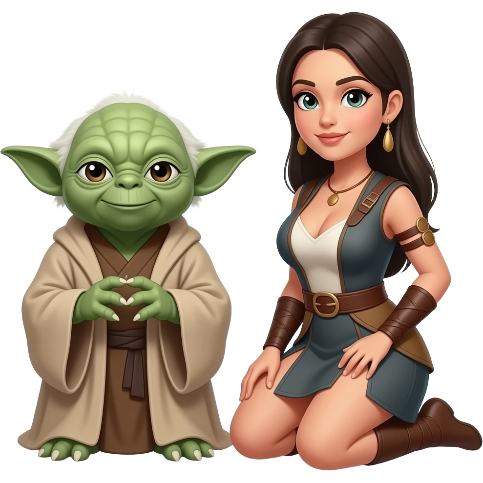 Yoda and a female apprentice with large breasts kneeling emoji