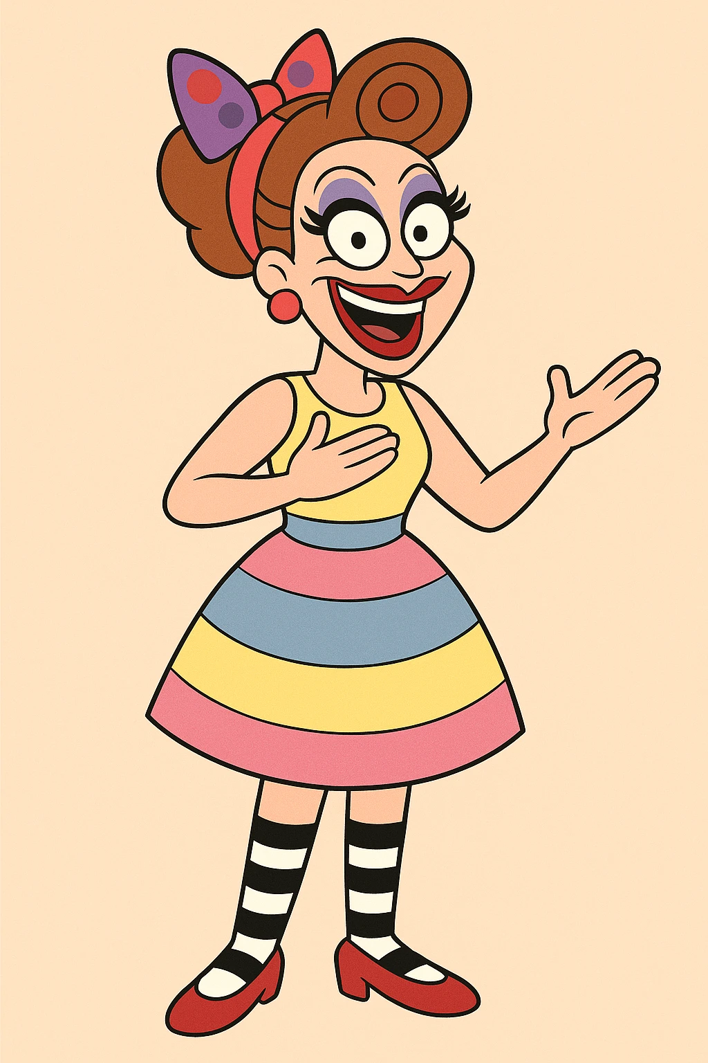 Bianca Del Rio red and purple spots hair ribbon yellow pink blue and Stripes dress black and white stripes socks red shoes  emoji