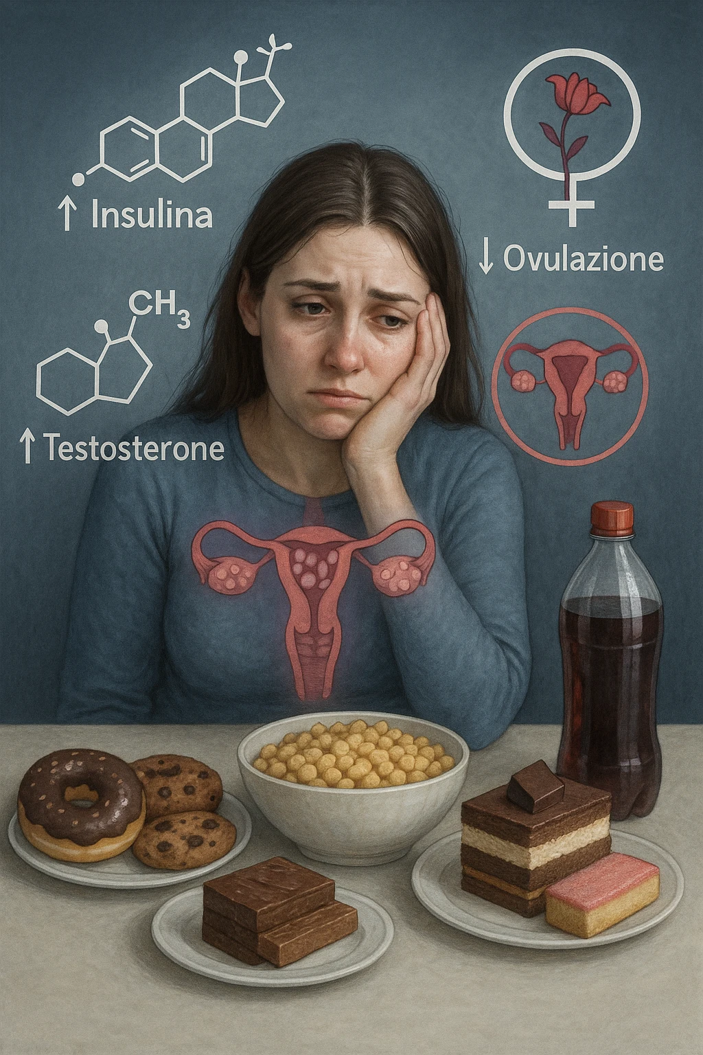 Donna tra i 25 e i 35 anni con espressione affaticata e delusa, seduta a tavola. Davanti a lei cibi ad alto indice glicemico: dolci industriali, cereali raffinati, bibite zuccherate. In trasparenza sopra il suo corpo si vedono ovaie con cisti multiple (PCOS) e un simbolo stilizzato di fertilità (utero con fiore appassito o cerchio spezzato). Attorno a lei fluttuano molecole simboliche come '↑ Insulina', '↑ Testosterone', '↓ Ovulazione'. Atmosfera triste ma educativa. Colori freddi con accenti in rosso e viola. Stile realistico con elementi visivi simbolici chiari in italiano emoji