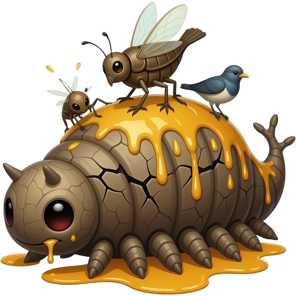 Saprawl A slow forest crawler with sticky amber sap running through cracks in its bark-like body. Small insects and birds often travel on its back. emoji