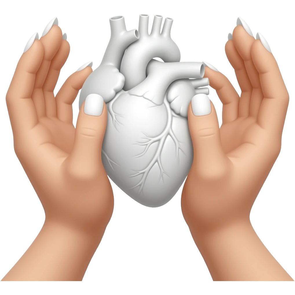 белые руки с длинным маникюром белого цвета от первого лица по локоть держат анатомическое сердце белого цвета emoji