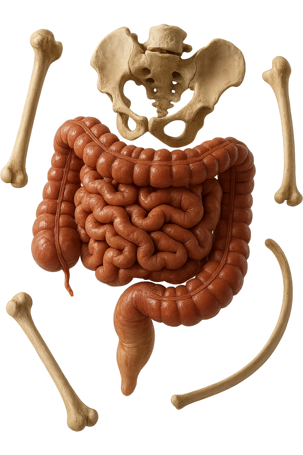 intestino umano anatomico e ossa umano anatomico fluttuano in aria, iperrealistico 4k emoji
