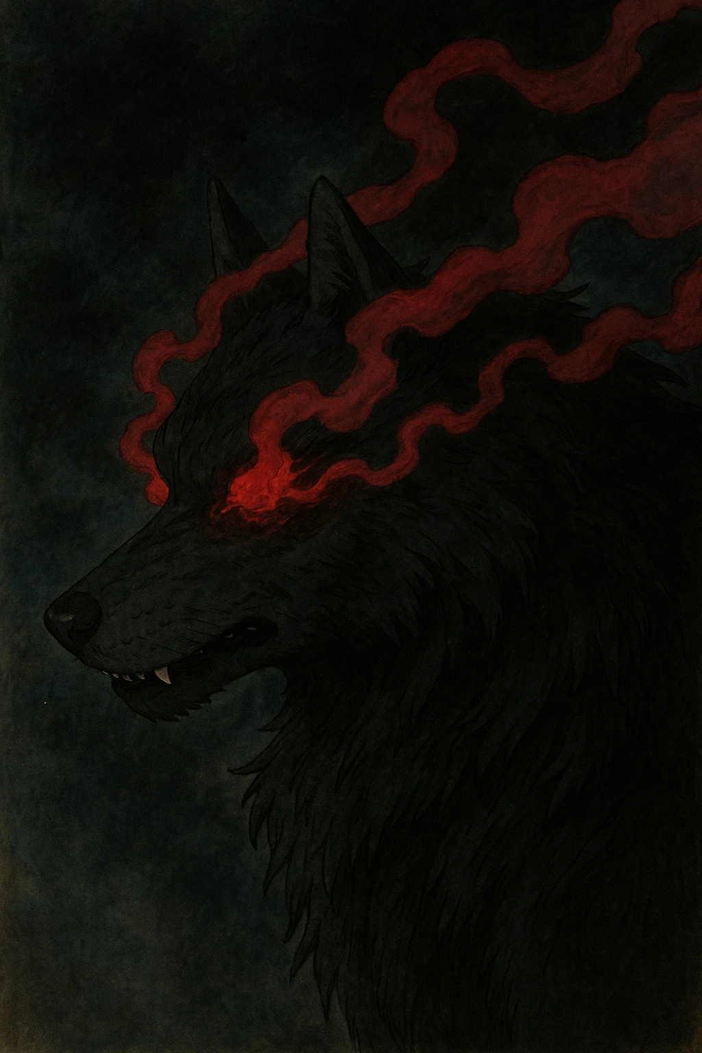 a black wolf head with red smoke eyes, dark fantasy illustration style emoji