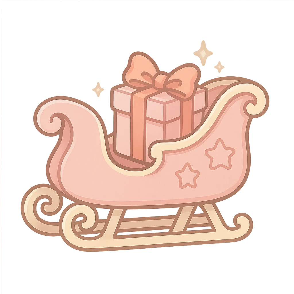 light pink Christmas sleigh with gift box accents, dreamy fairy tale style emoji