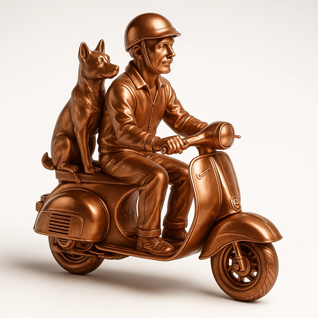 man and his pet dog riding a vespa emoji