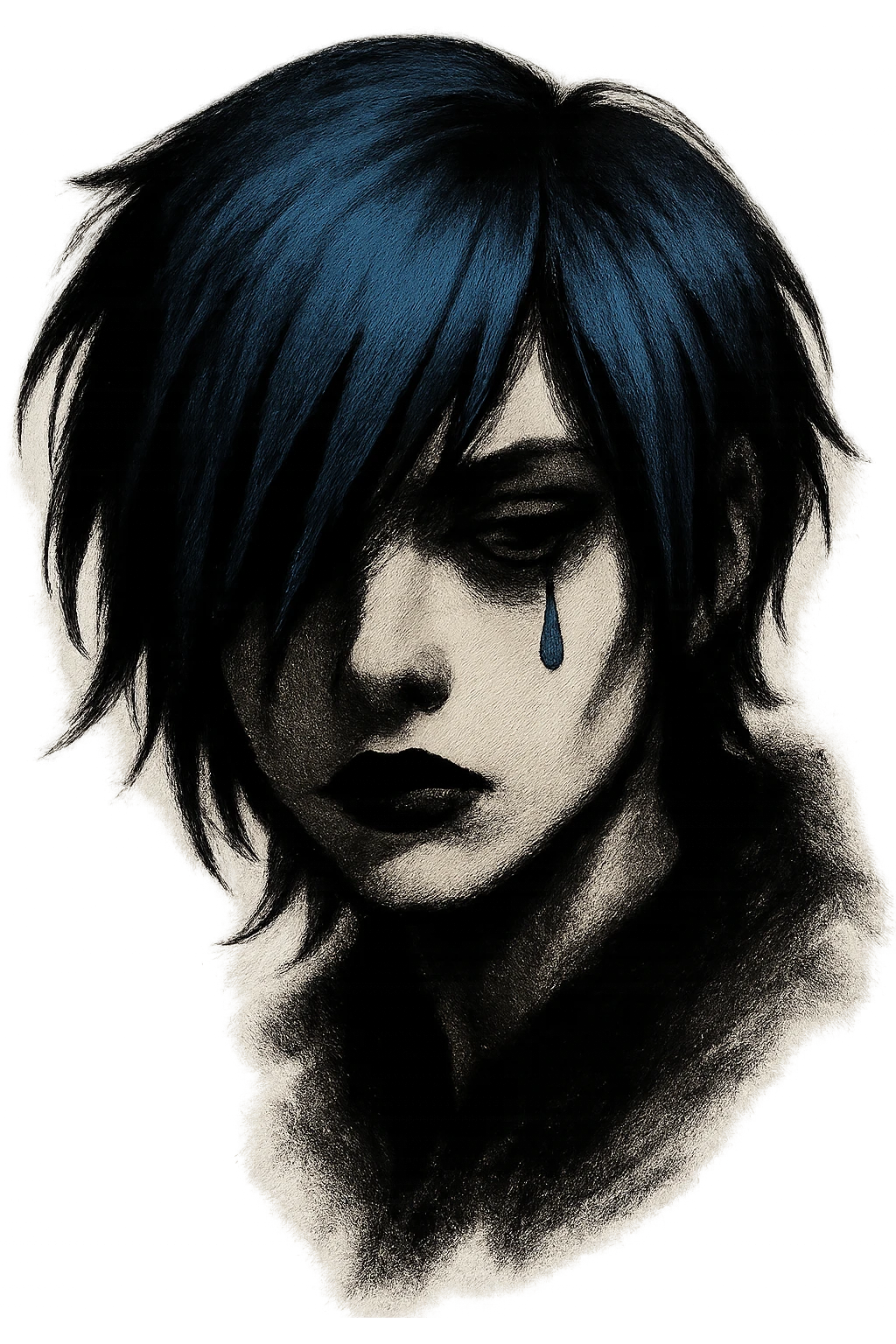 emo face, blue hair, teardrop, black lipstick, dramatic shadows emoji