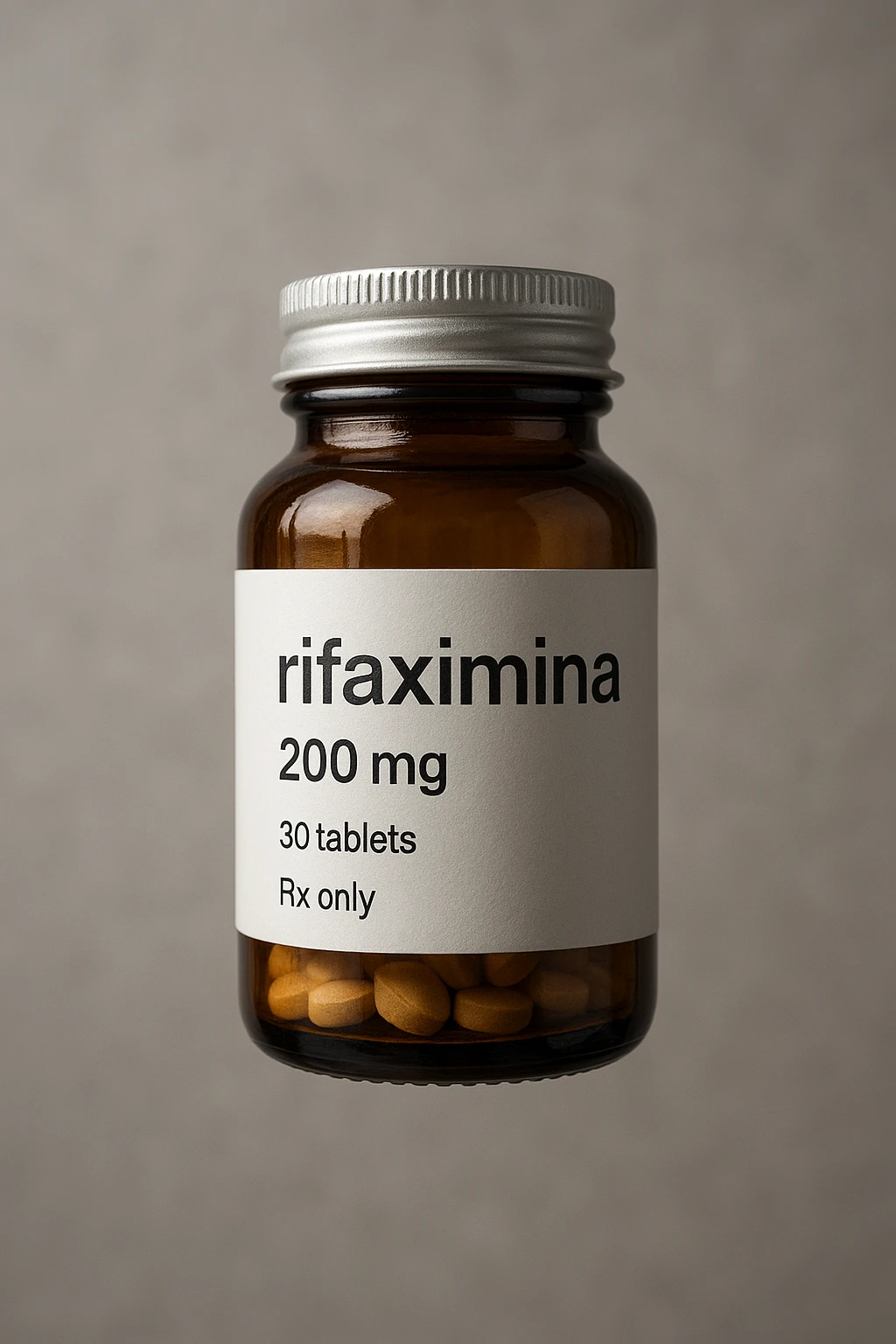 barattolo di medicinale con la scritta "rifaximina" sull'etichetta fluttua in aria, iperrealistico 4k emoji