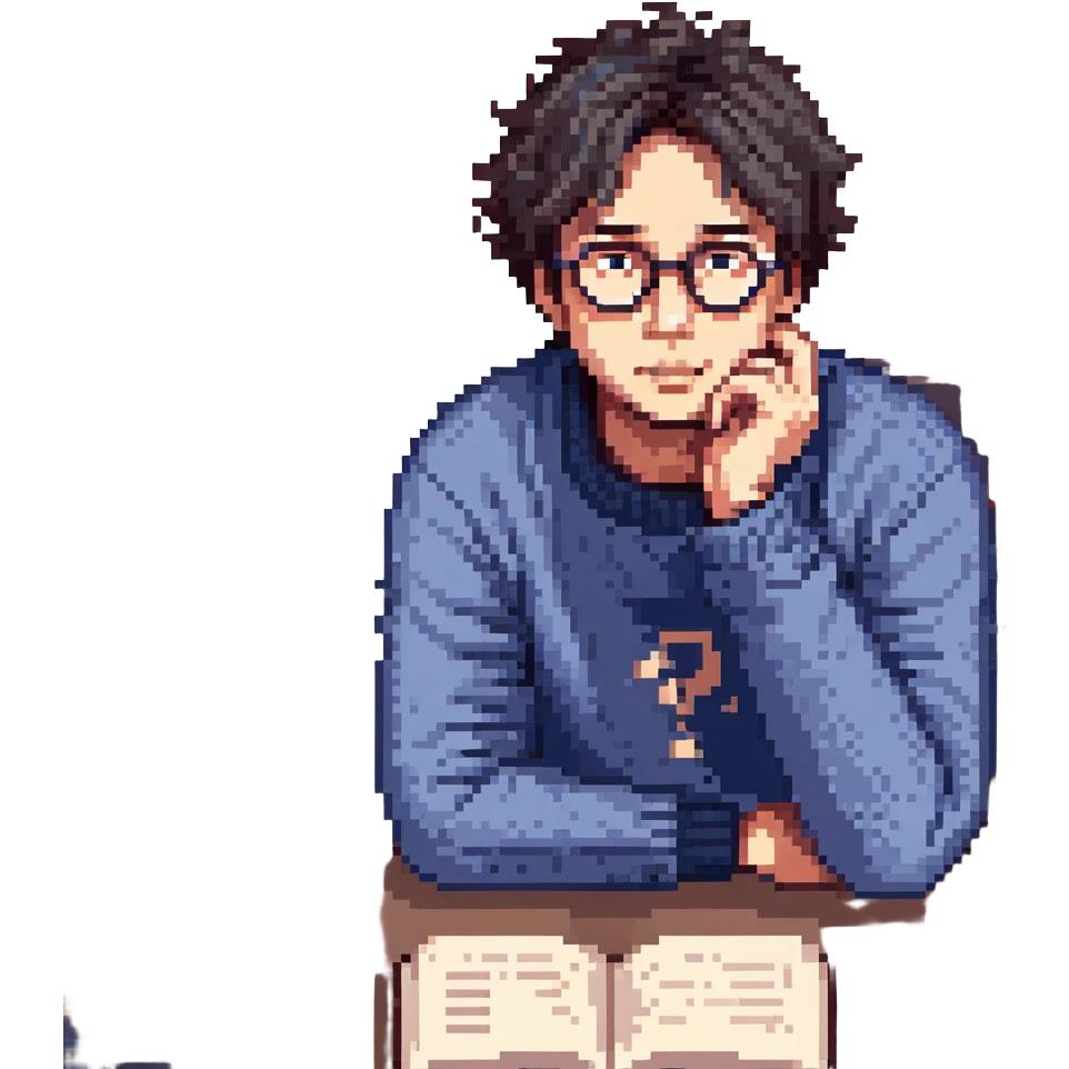 Flat pixel are, calm and curious male thinker, light skin, short tousled dark hair, round glasses, focused expression, wearing an indigo sweater, seated at a desk with open books and a floating question mark above his head, one hand resting under his chin in thought, waist-up, front-facing emoji