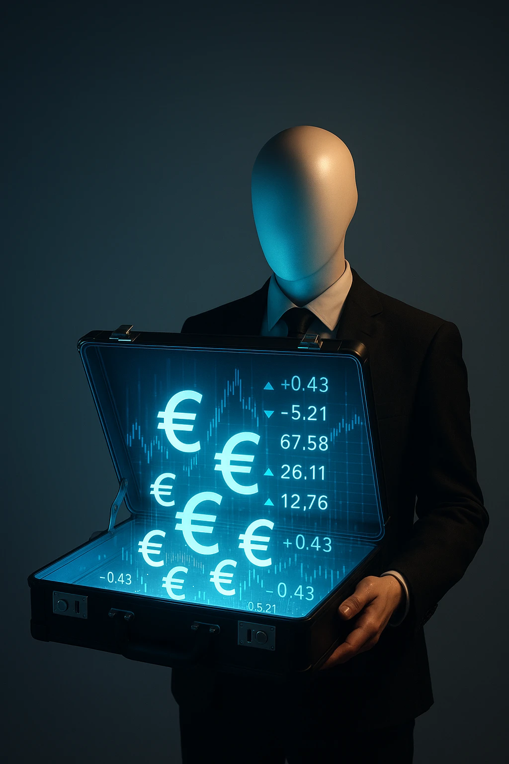 Faceless mannequin holding an open glowing briefcase filled with holographic euro signs and digital stock tickers. Large empty gradient background above for text. Strong cinematic lighting. emoji