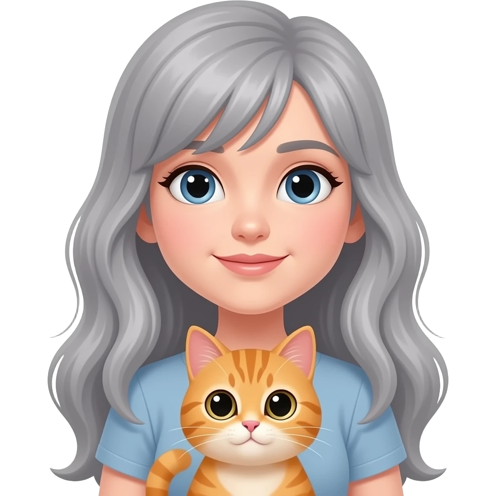 Gray long  hair no bangs parted on side girl holding orange cat emoji