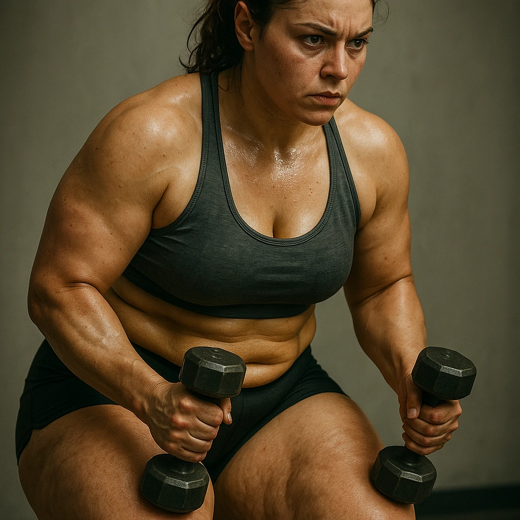 hyper realistic 4K image of a woman training intensely and following a diet, with stubborn fat on legs and thighs, anatomical details, cinematic atmosphere, determined expression, neutral background emoji