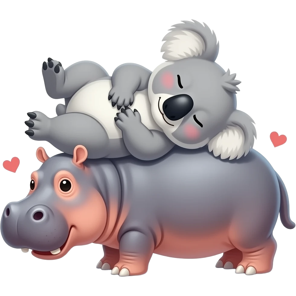 koala laying on back.hearts.  Hippo kiss koala. Koala on bottom   Hippo laying on top of it. Hippo on stomach on top. Koala legs wrapped around hippo. Best friends snuggling.  Koala legs fully wrapped all around entire hippo closely. Hippo legs touching ground. emoji