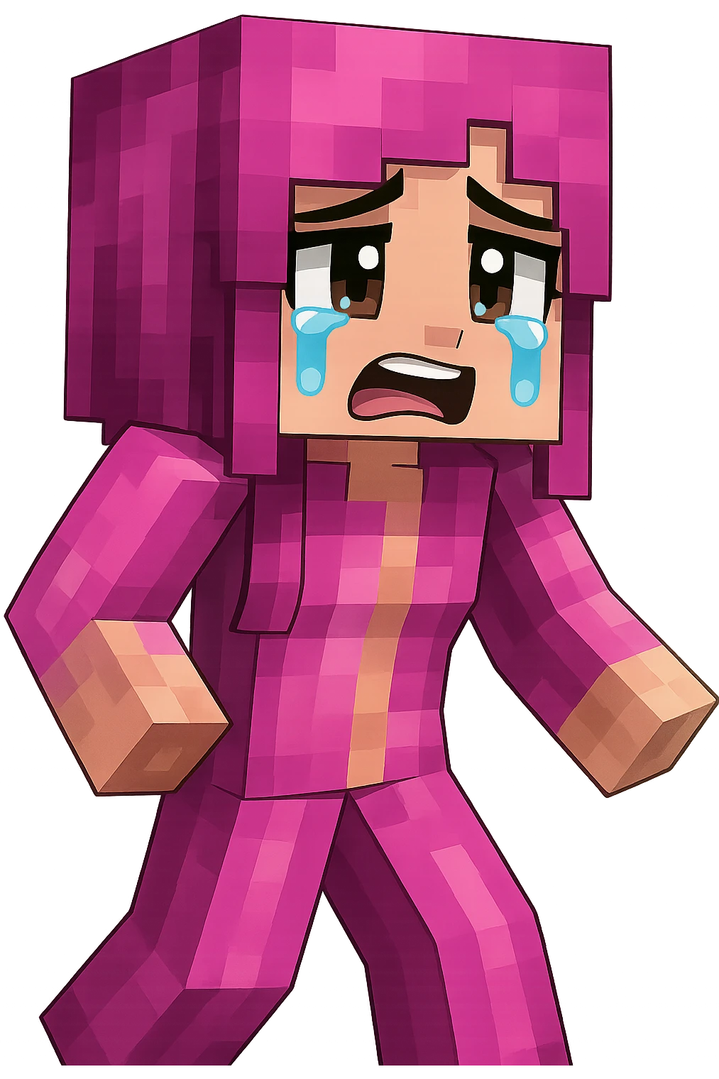 Change the expression of the character to crying/teary-eyed, keeping the style and appearance the same, inspired by playful Minecraft-style expressions. Transparent background. emoji