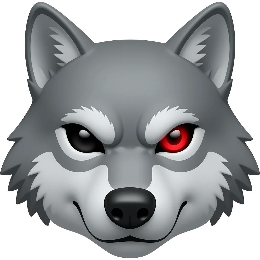 Angry gray wolf with visible red eye only face and small emoji