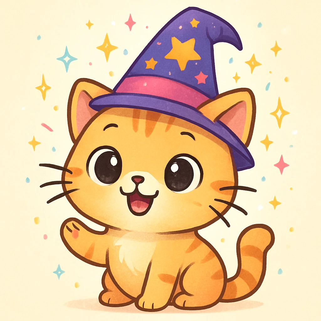 friendly and whimsical AI helper cat wearing a magic hat on its head emoji