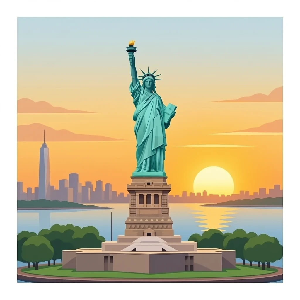 statue of liberty in front if rising sun emoji