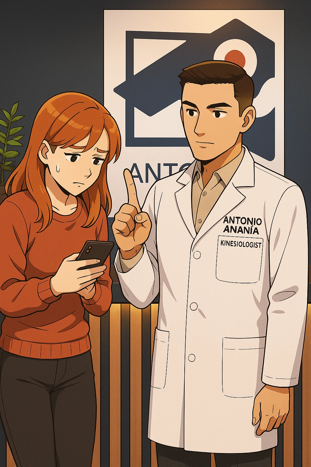 su questo stile fai un manga/webtoon a colori in cui una donna CONTROLLA LO SMARTPHONE MENTRE PARLA CON L'UOMO, l'uomo della foto in stile manga LE DICE DI "NO" CON IL DITO, mantieni un ambiente simile alla foto che ho allegato con il suo logo (sarebbe il suo studio, lui è un kinesiologo), scrivigli "ANTONIO ANANIA" sul camice bianco, non mettere fumetti, ma fai in modo che sembri che la donna CONTROLLI LO SMARTPHONE E L'UOMO CON I GESTI LE FACCIA CAPIRE CHE STA SBAGLIANDO emoji