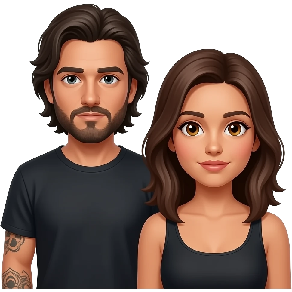 Latino couple man has a beard, medium hair and tattoos and his wife is beautiful with hazel eyes and shoulder length brown hair and their relationship is broken emoji