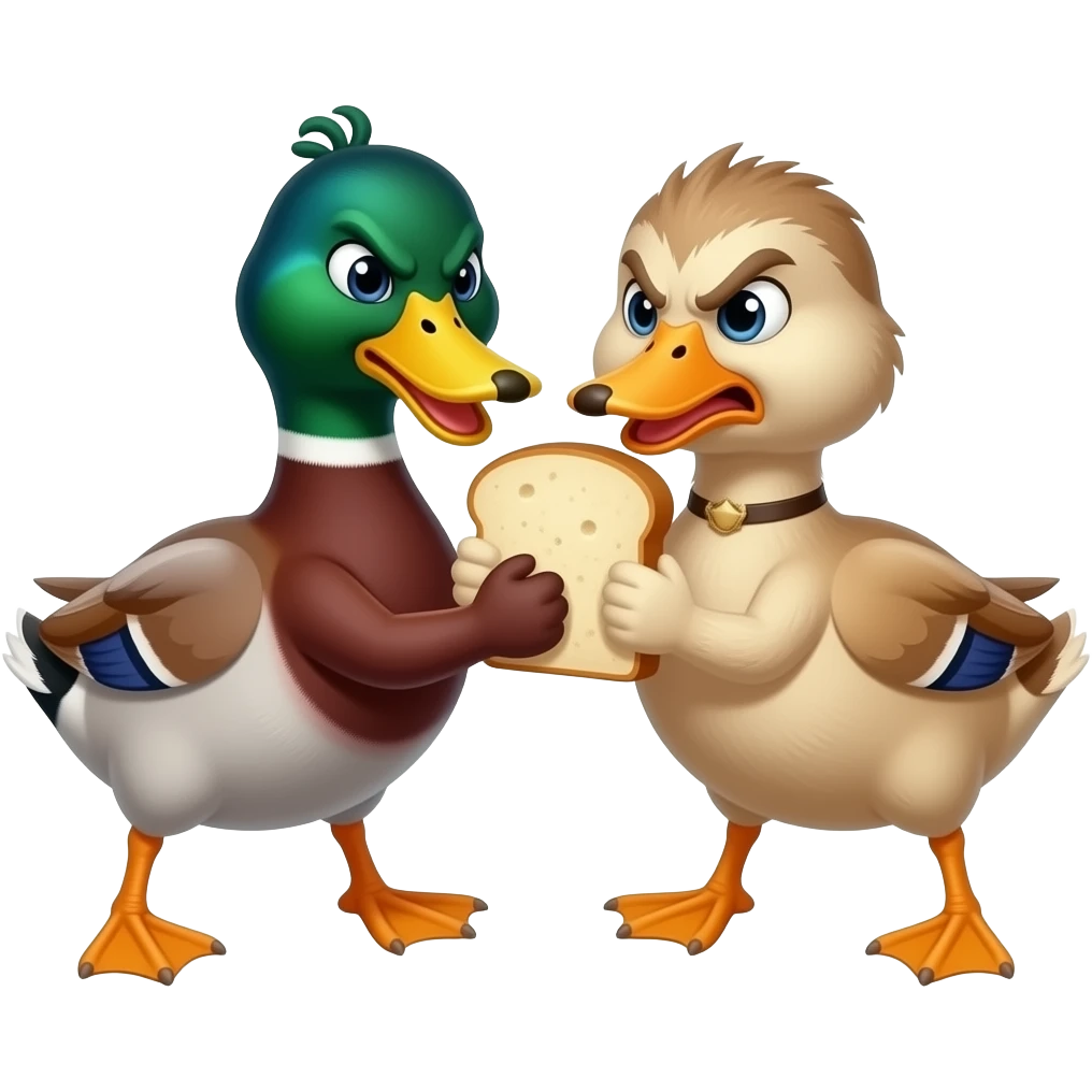 un pato peleandose con otro pato por un troço de pan pero que esten enfadados emoji