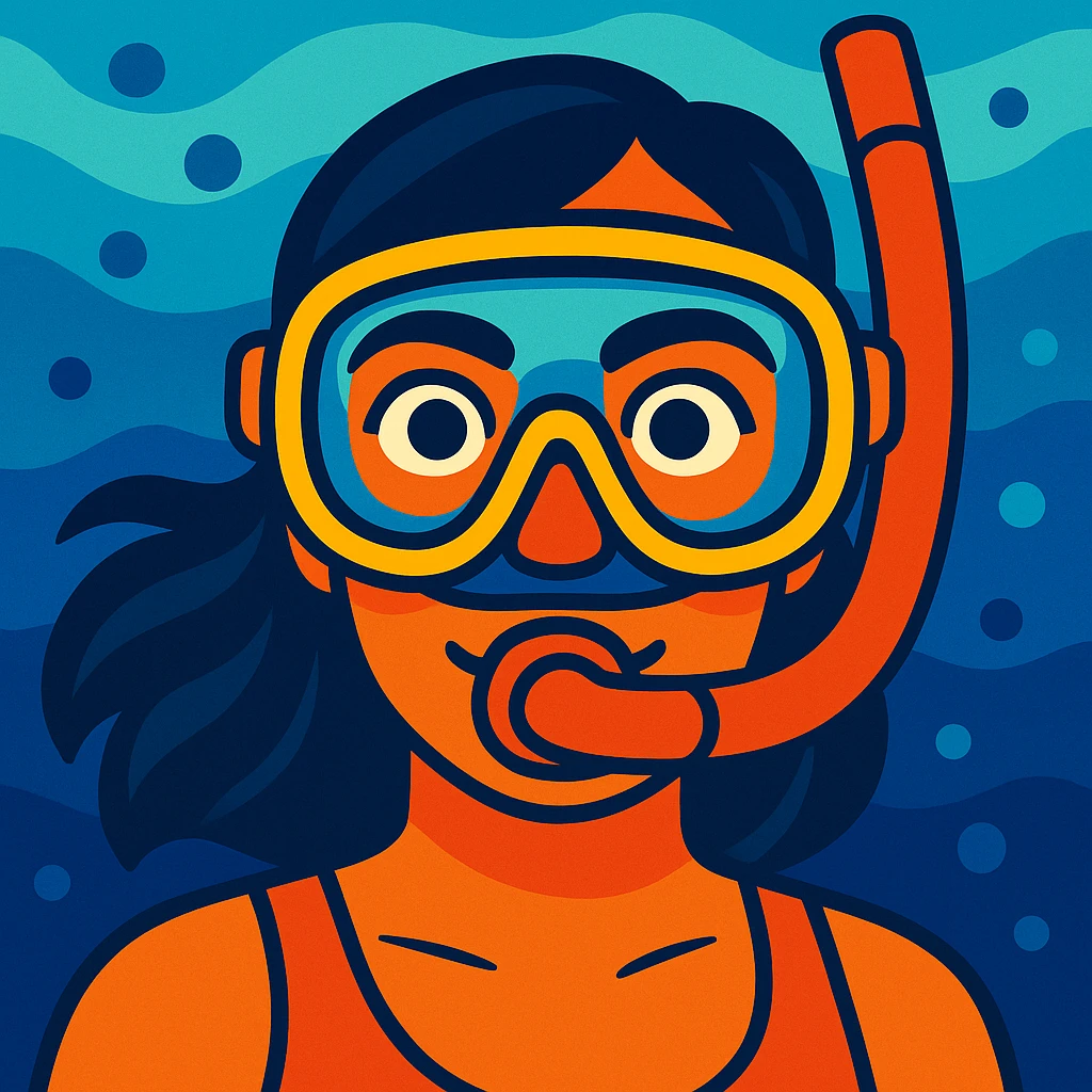 illustration of a woman wearing a snorkeling mask, face visible, mask and snorkel emphasized emoji