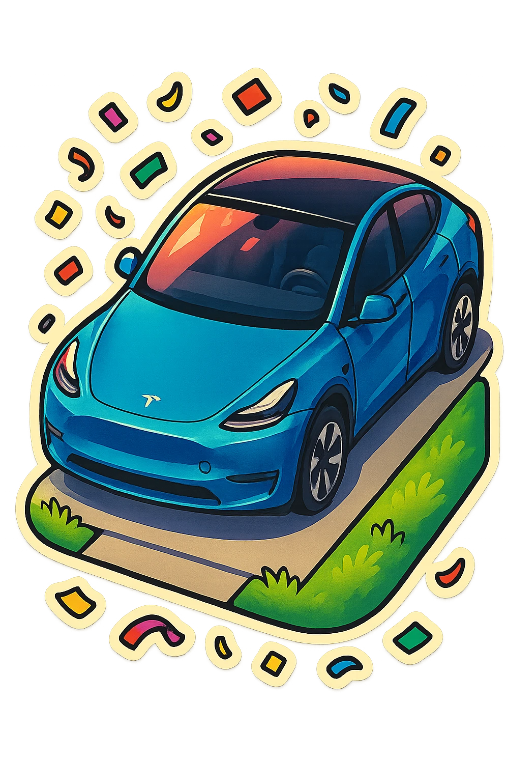 A Tesla Model Y parking in a home driveway with grass on the sides, from above, with confetti emoji