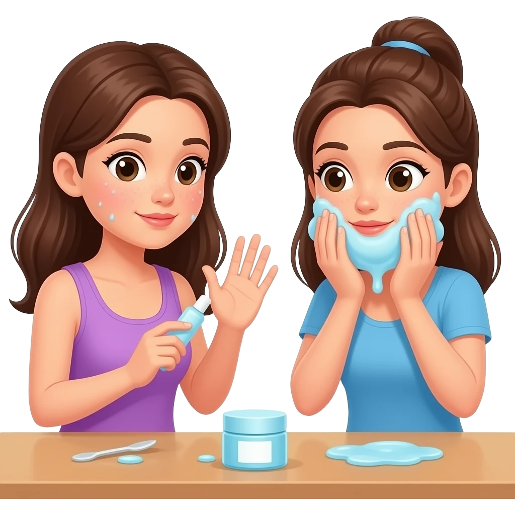 Duas meninas uma está rejeitando a skin care que está na mesa e outra está aceitando a skin care é tipo uma história em quadrinhos e a outra que pegou a skin quer ficou com bolinhas no rosto e a outra que não pegou e passou água no rosto está normal emoji