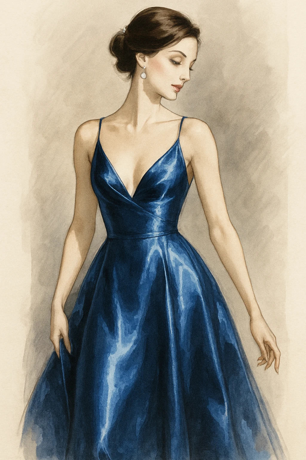 elegant woman in a low cut blue satin silk dress, luxurious and shiny, soft highlights, fashion illustration emoji