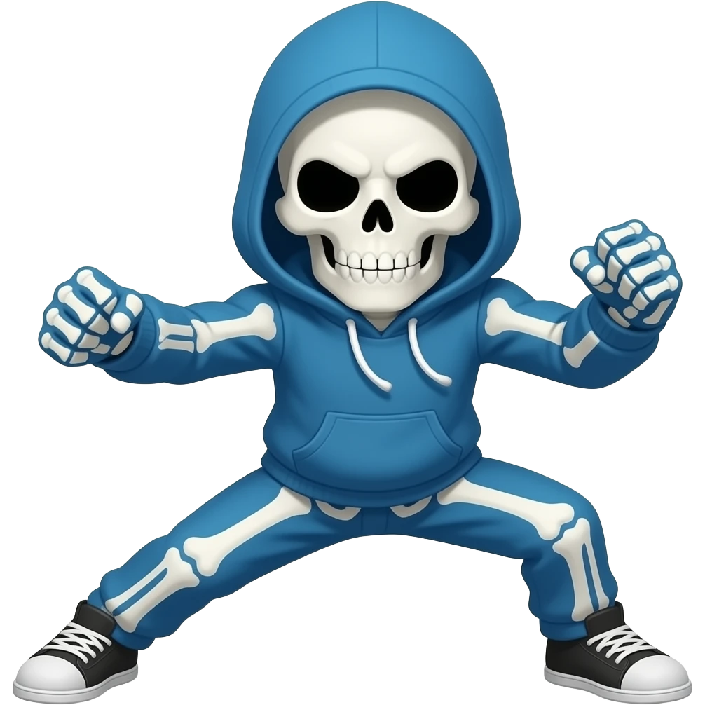 sans from undertale fighting pose sans is a skeleton with a blue hoodie and its not up its not like that like the hood is down emoji